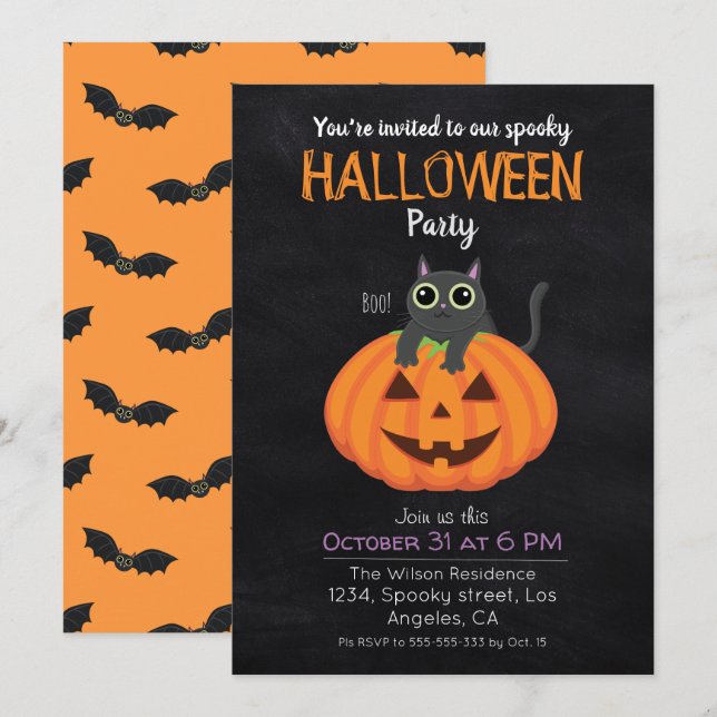 Kids Halloween party black cat pumpkin spooky cute Invitation (Front/Back)