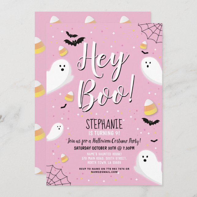 Kids Halloween Party Costume Hey Boo Ghost Pink Invitation (Front/Back)