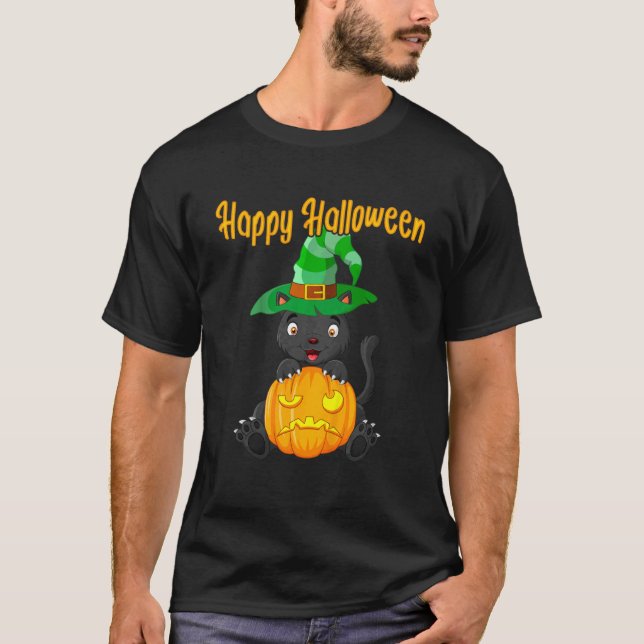 Kids Halloween Pumpkin Cute Little Black Cat Witch T-Shirt (Front)