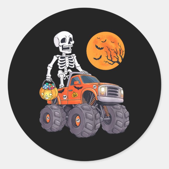 Kids Halloween Skeleton Riding Monster Truck Funny Classic Round Sticker (Front)