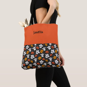Kids Halloween Spooky Ghosts & Jack oLanterns Name Tote Bag