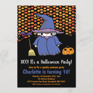 Kids Halloween Witch Pumpkin & Bats Birthday Invitation