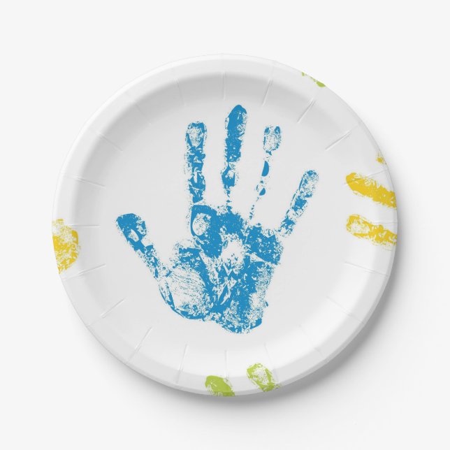 Kids Handprints in Paint Paper Plate (Front)