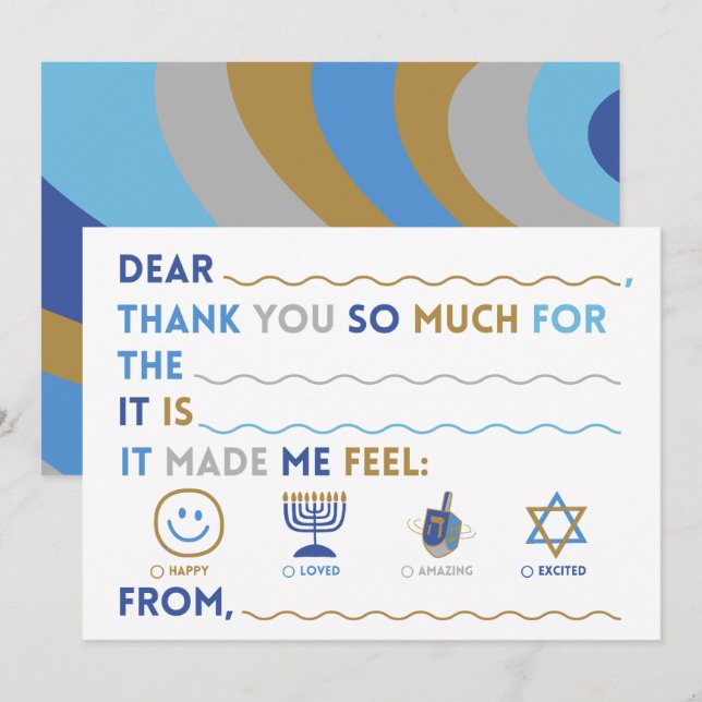 Kids Hanukkah Thank You Cards | Fill In The Blank (Front/Back)