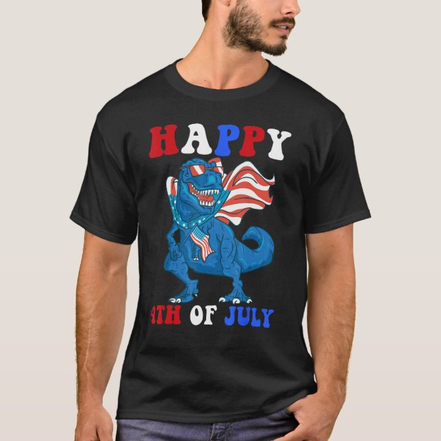 Kids Happy 4th Of July Dinosaur Girls Boys America T-Shirt (Front)