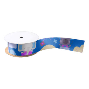 Kids Happy Birthday Blue Pink with Cute Animals Satin Ribbon
