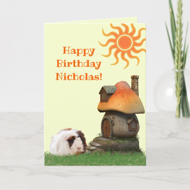 Kid's Happy Birthday Guinea Pig Mushroom House Card (Front)