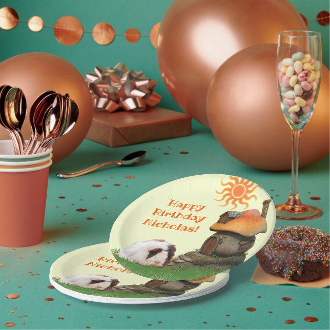 Kid's Happy Birthday Guinea Pig Mushroom House Paper Plate (Multi)