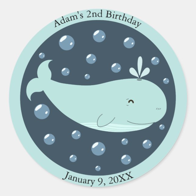 Kids Happy Blue Whale Under the Sea Birthday Classic Round Sticker (Front)
