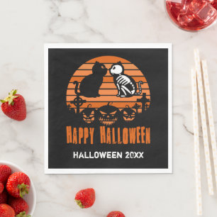 Kids Happy Halloween Skeleton Cat Retro Sunset Napkin