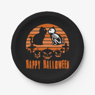 Kids Happy Halloween Skeleton Cat Retro Sunset Paper Plate