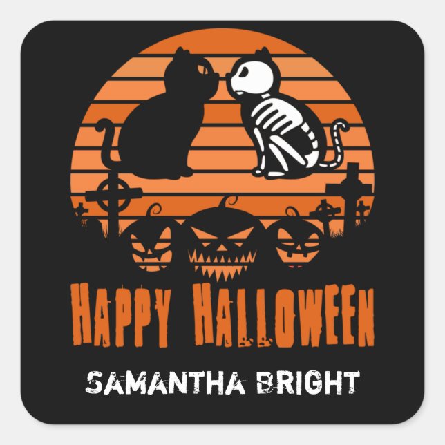 Kids Happy Halloween Skeleton Cat Retro Sunset Square Sticker (Front)