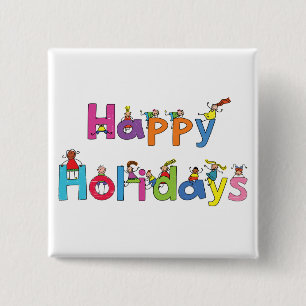 Kids Happy Holidays Stick Figure Typography 15 Cm Square Badge