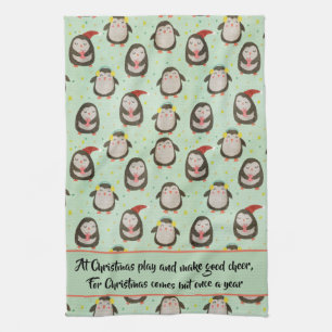 Kids Happy Penguins Wearing Santa Hats w/Ear Muffs Tea Towel