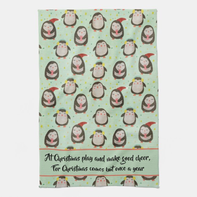 Kids Happy Penguins Wearing Santa Hats w/Ear Muffs Tea Towel (Vertical)