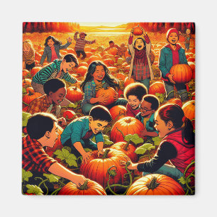 Kids having Fun at the Pumpkin Patch Halloween Magnet