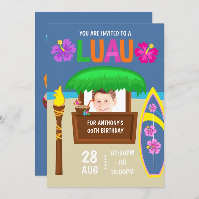 Kids Hawaiian Luau Party add photo Invitation (Front/Back)