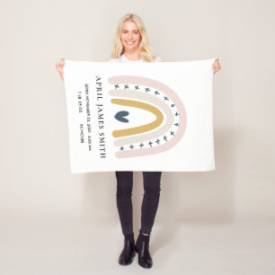 KIDS HEART BLUSH BLUE RAINBOW BABY BIRTH STATS FLEECE BLANKET