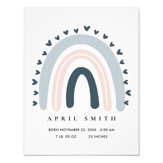 KIDS HEARTS BLUSH BLUE RAINBOW BABY BIRTH STATS PHOTO PRINT (Front)