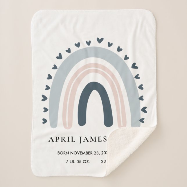 KIDS HEARTS BLUSH BLUE RAINBOW BABY BIRTH STATS SHERPA BLANKET (Front)