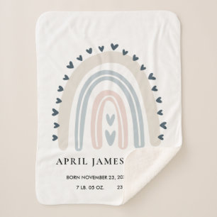 KIDS HEARTS BLUSH BLUE RAINBOW BABY BIRTH STATS SHERPA BLANKET