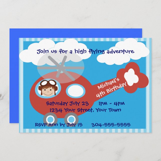 Kids Helicopter Birthday Party Invitation (Front/Back)