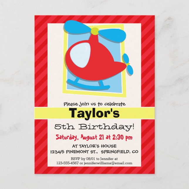 Kid's Helicopter; Scarlet Red Stripes Postcard (Front)