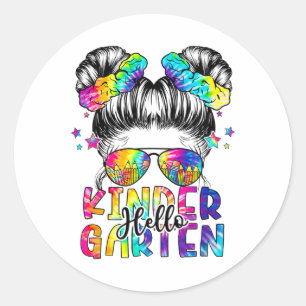 Kids Hello Kindergarten Messy Hair Bun Girl Ck To Classic Round Sticker