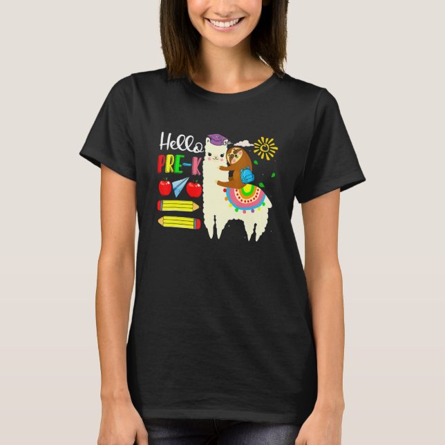 Kids Hello Pre K Sloth Riding Llama Back To School T-Shirt (Front)