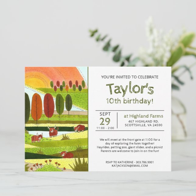 Kids Highland Cows Fall Farm Birthday Party Invita Invitation (Standing Front)