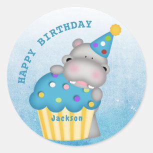 Kids Hippo Birthday Cupcake Sprinkles Personalised Classic Round Sticker