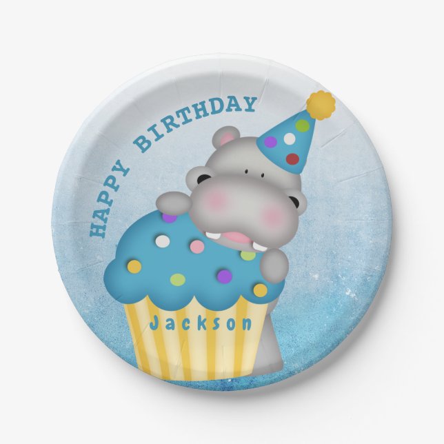 Kids Hippo Birthday Cupcake Sprinkles Personalised Paper Plate (Front)