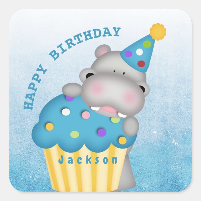 Kids Hippo Birthday Cupcake Sprinkles Personalised Square Sticker (Front)