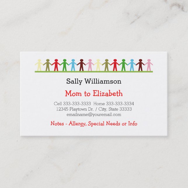 Kids Holding Hands Mummy and Child Custom Info Calling Card (Front)