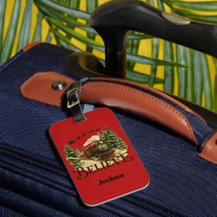 Kids Holiday Believe Christmas Train Red Vintage  Luggage Tag