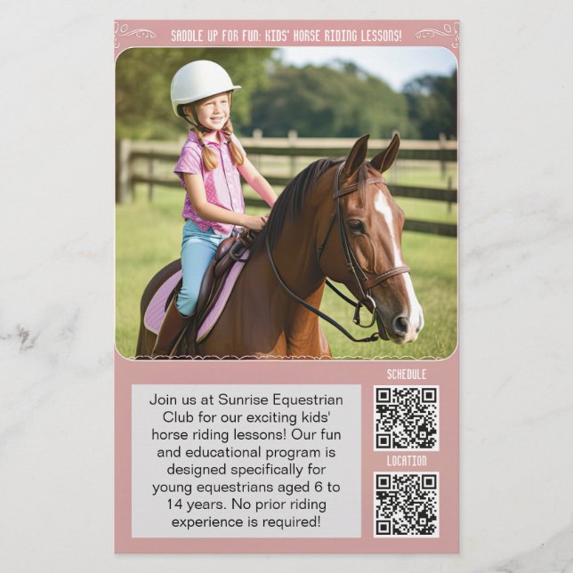 Kids' Horse Riding Lesson Flyer with QR Codes (Front)