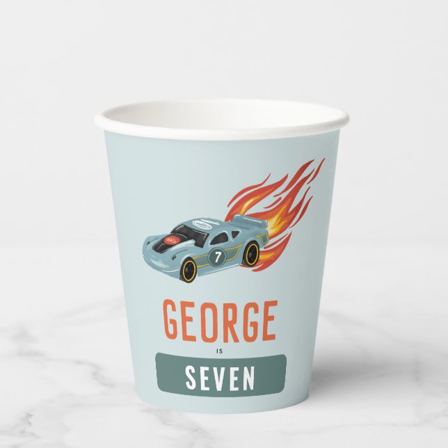 Kids Hot Blue Racing Car Birthday Paper Cups (Front)