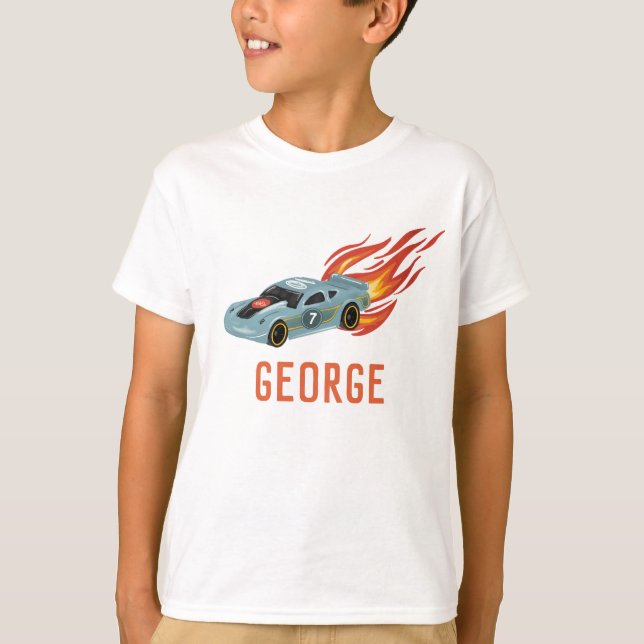 Kids Hot Blue Racing Car  T-Shirt (Front)