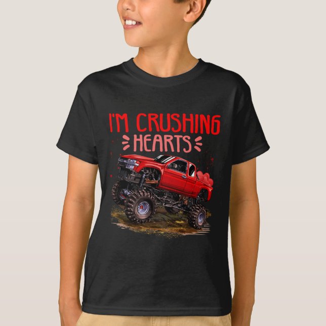 Kids I Crush Hearts Monster Truck Valentines Day T-Shirt (Front)