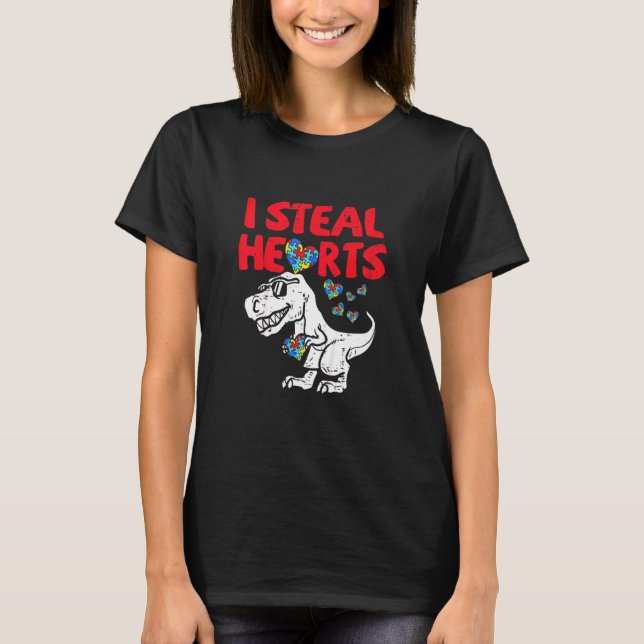 Kids I Steal Hearts Puzzle Autism Awareness T Rex  T-Shirt (Front)