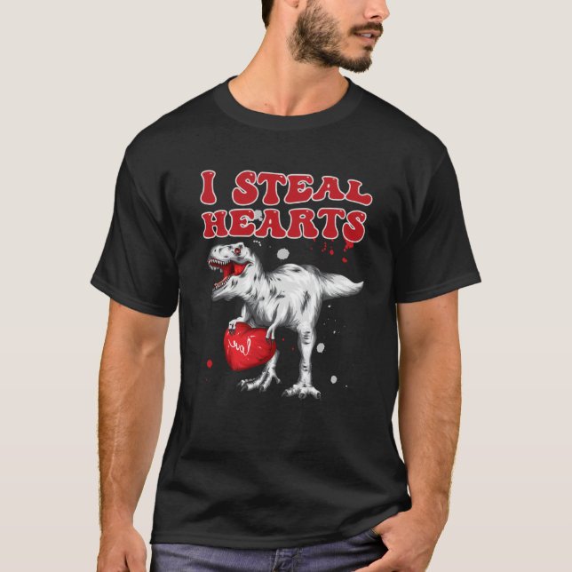 Kids I Steal Hearts Trex Dino Boy Valentines Day T-Shirt (Front)