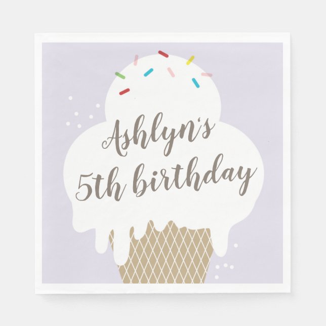 Kids ice cream cone purple birthday party napkin (Front)