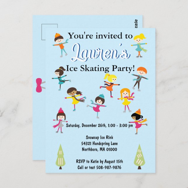 Kids Ice Skating Birthday Party Invitation  Postcard (Front/Back)