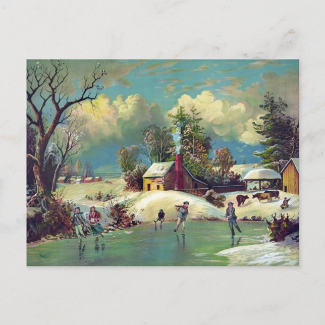Kids Ice Skating on Frozen Lake Postcard (Front)