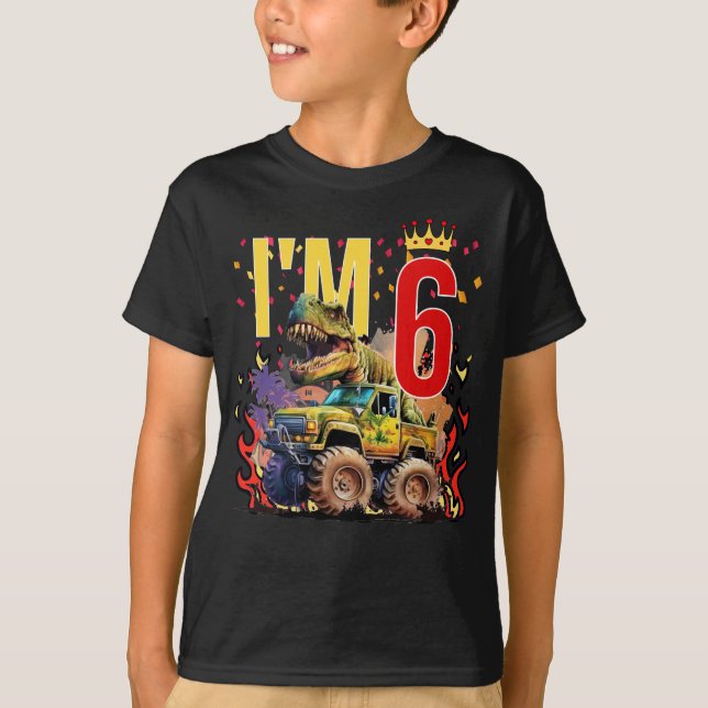 Kids I'm 6 6TH Fire Dinosaurs Birthday Boy Gift T-Shirt (Front)