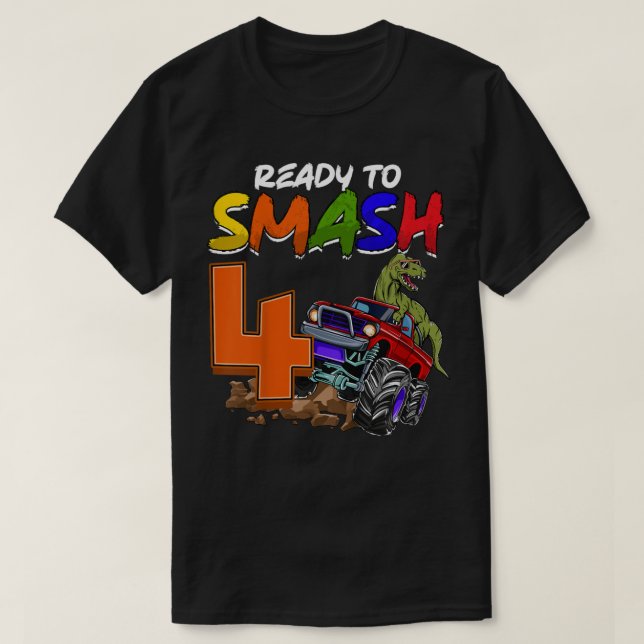 Kids I'm Ready To Smash 4 Monster Truck T-Rex Birt T-Shirt (Design Front)