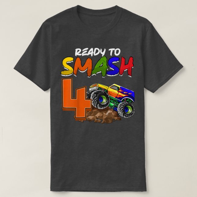 Kids I'm Ready To Smash Being 4 Monster Truck Birt T-Shirt (Design Front)