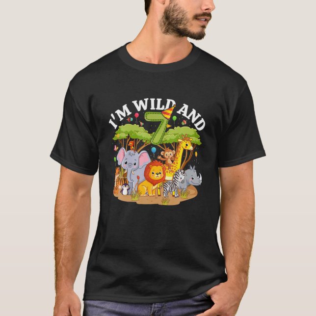 Kids I'm Wild And 7 Zoo Theme 7Th Birthday Safari T-Shirt (Front)