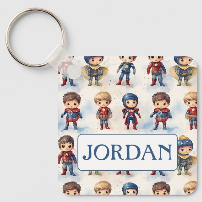 Kids in Superhero Outfits Customisable Key Ring (Front)