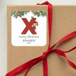 Kids Initial X Christmas Square Sticker<br><div class="desc">Give the gift of personalised charm this Christmas! Our monogram stickers,  featuring Santa's elf hiding behind the letter X,  are a unique and thoughtful way to show your love. Customise with a name,  year and a heartfelt greeting. Make your Christmas gifts stand out!</div>